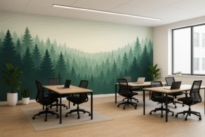 Forest wall art on an open plan office wall.