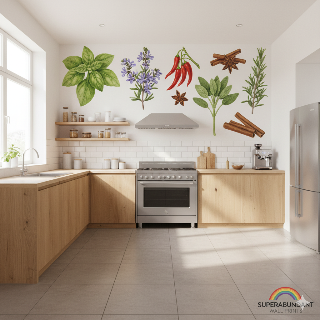 Creative wall art in a kitchen.