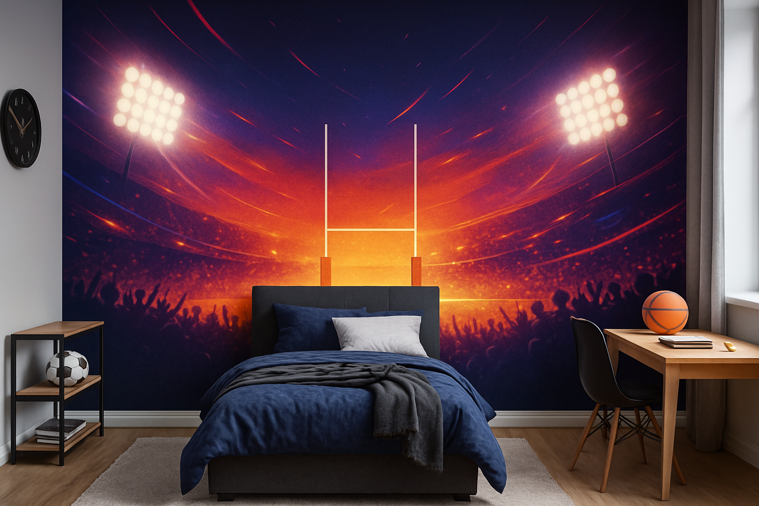 Teenager room wall print of a rugby stadium.